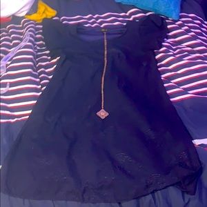 Off the shoulder dark blue dress with necklace